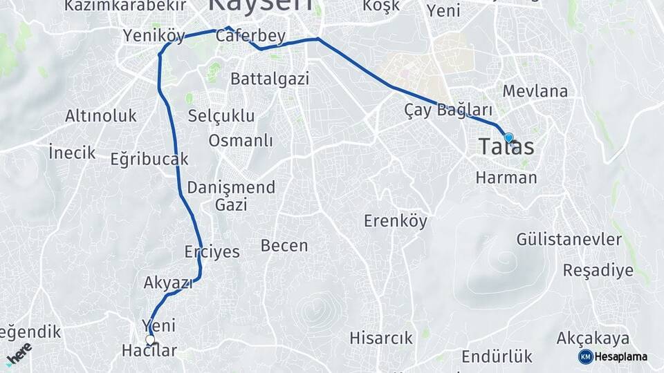 Kayseri Talas Hacılar Arası Kaç Km - Yol Haritası