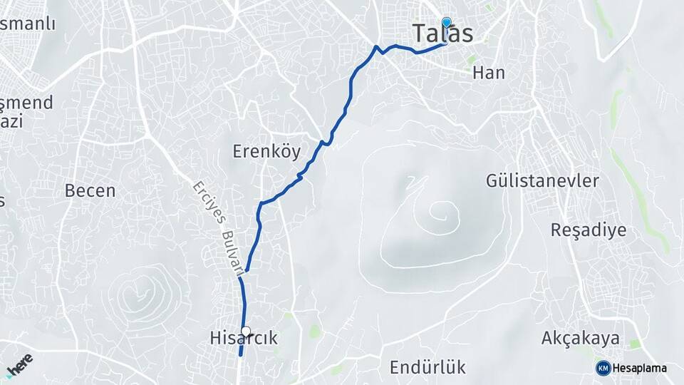 Kayseri Talas Hisarcık Melikgazi Arası Kaç Km - Yol Haritası