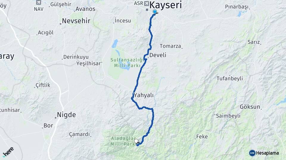 Kayseri Talas Kapuzbaşı Yahyalı Arası Kaç Km - Yol Haritası