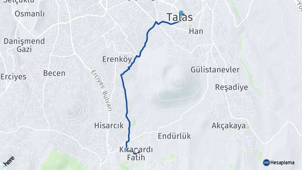 Kayseri Talas Kıranardı Melikgazi Arası Kaç Km - Yol Haritası