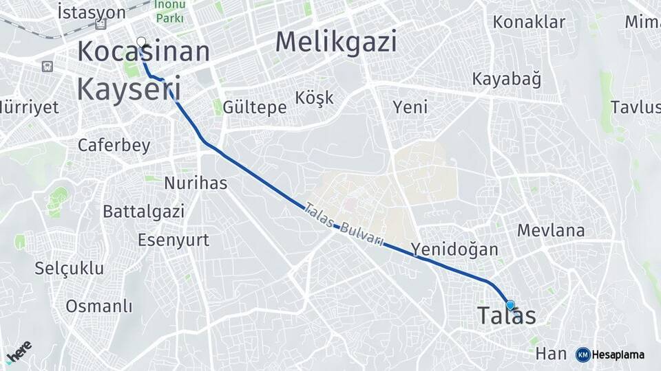 Kayseri Talas Kocasinan Arası Kaç Km - Yol Haritası