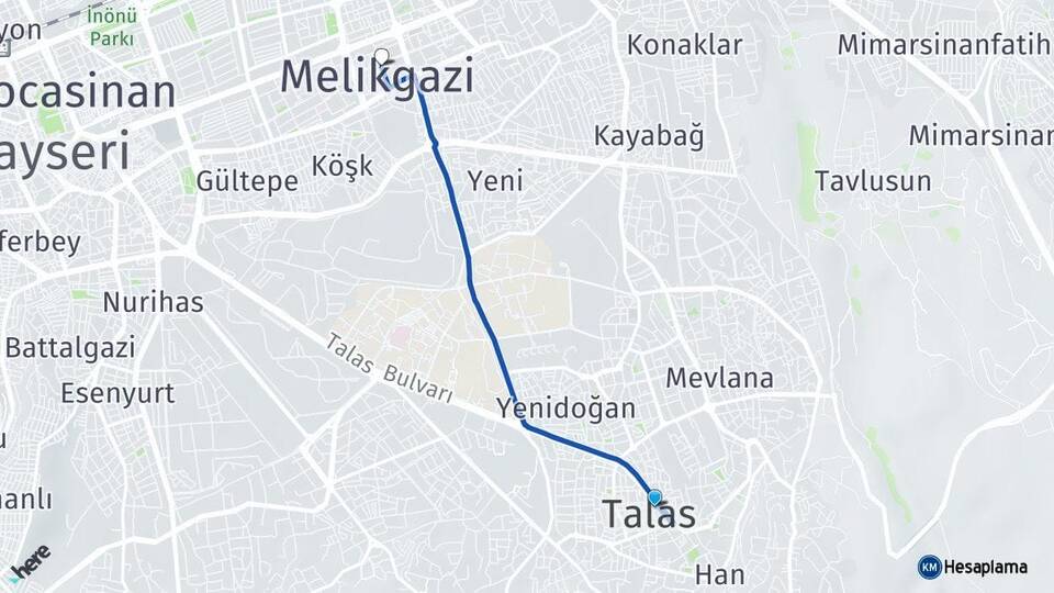 Kayseri Talas Melikgazi Arası Kaç Km - Yol Haritası