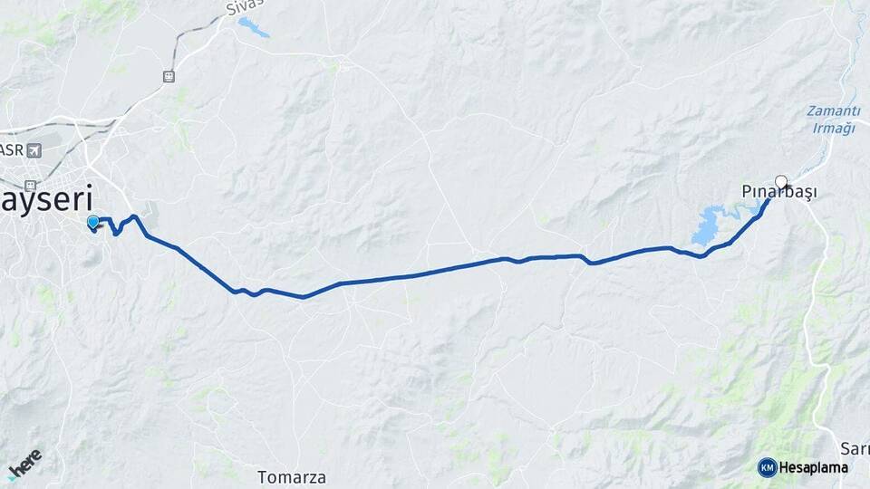 Kayseri Talas Pınarbaşı Arası Kaç Km - Yol Haritası