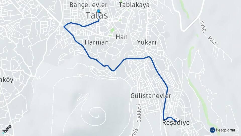 Kayseri Talas Reşadiye Talas Arası Kaç Km - Yol Haritası