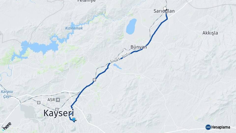 Kayseri Talas Sarıoğlan Arası Kaç Km - Yol Haritası