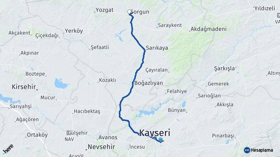 Kayseri Talas Sorgun Yozgat Arası Kaç Km - Yol Haritası