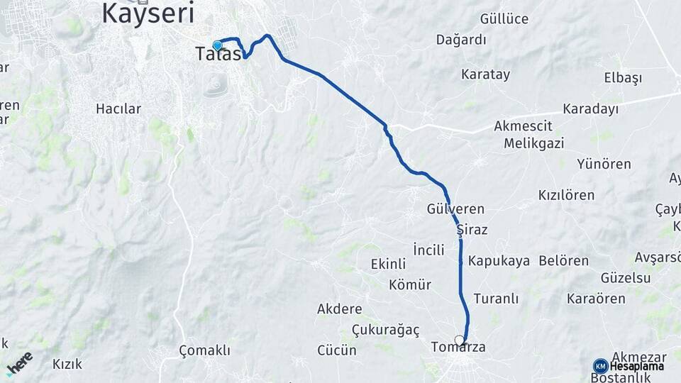 Kayseri Talas Tomarza Arası Kaç Km - Yol Haritası