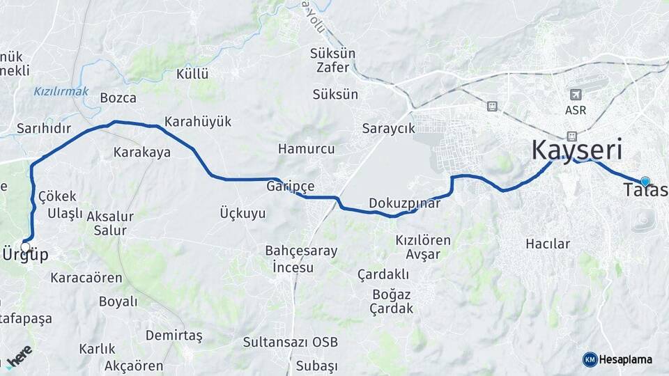 Kayseri Talas Ürgüp Nevşehir Arası Kaç Km - Yol Haritası
