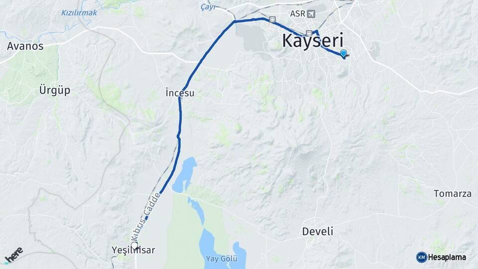 Kayseri Talas Yeşilhisar Arası Kaç Km - Yol Haritası