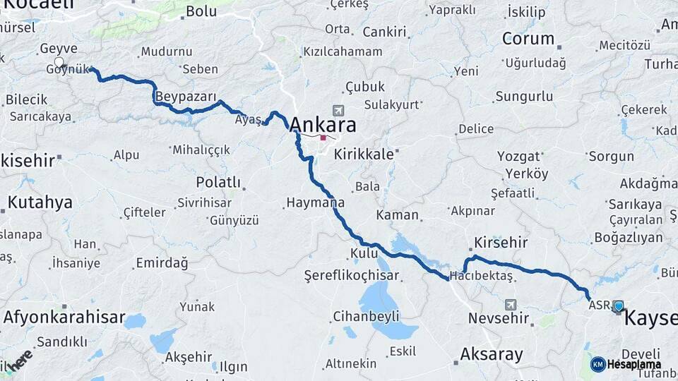 Kayseri Taraklı Sakarya Arası Kaç Km - Yol Haritası