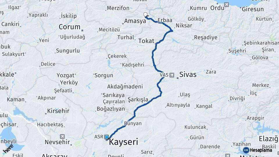 Kayseri Taşova Amasya Arası Kaç Km - Yol Haritası
