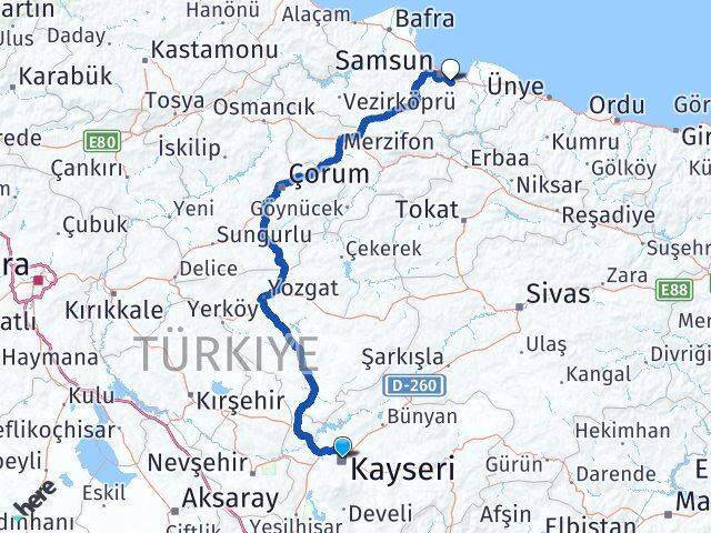 Kayseri Tekkeköy Samsun Arası Kaç Km - Yol Haritası
