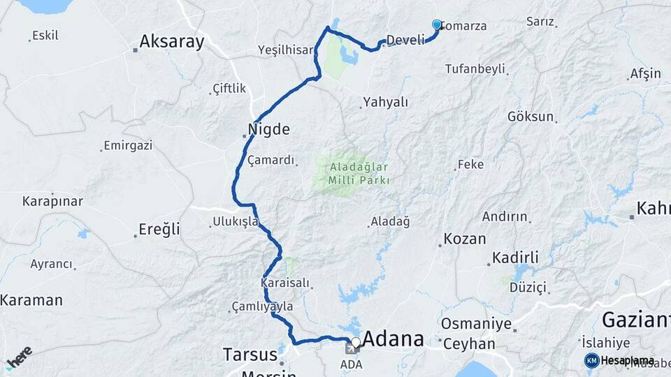 Kayseri Tomarza Adana Arası Kaç Km - Yol Haritası