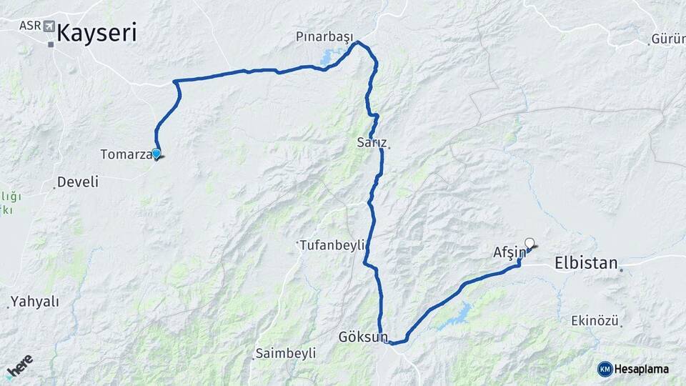 Kayseri Tomarza Afşin Kahramanmaraş Arası Kaç Km - Yol Haritası