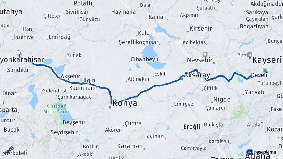 Kayseri Tomarza Afyonkarahisar Arası Kaç Km - Yol Haritası