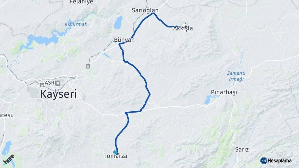 Kayseri Tomarza Akkışla Arası Kaç Km - Yol Haritası