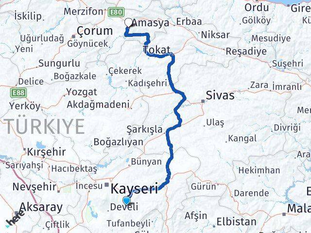 Kayseri Tomarza Amasya Arası Kaç Km - Yol Haritası