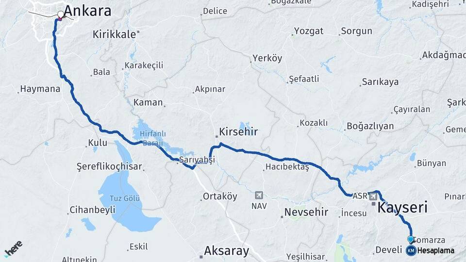 Kayseri Tomarza Ankara Arası Kaç Km - Yol Haritası