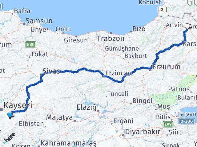 Kayseri Tomarza Ardahan Arası Kaç Km - Yol Haritası