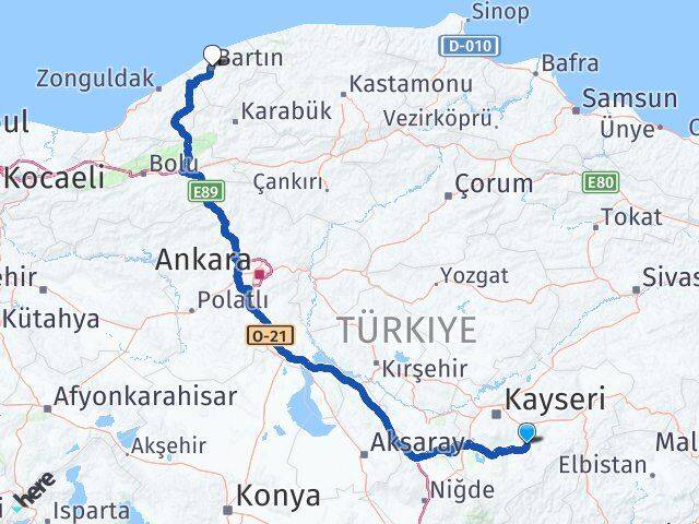Kayseri Tomarza Bartın Arası Kaç Km - Yol Haritası