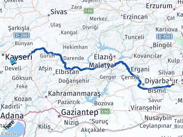 Kayseri Tomarza Batman Arası Kaç Km - Yol Haritası