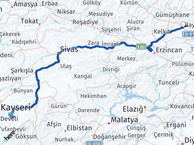 Kayseri Tomarza Bayburt Arası Kaç Km - Yol Haritası