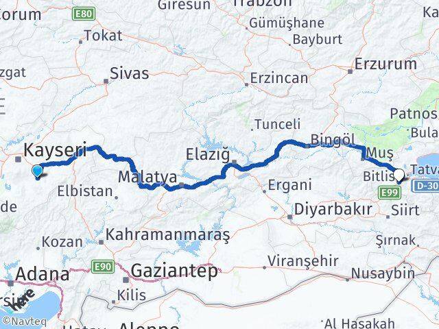 Kayseri Tomarza Bitlis Arası Kaç Km - Yol Haritası