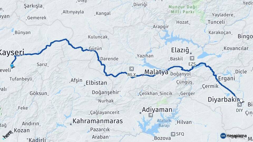 Kayseri Tomarza Diyarbakır Arası Kaç Km - Yol Haritası