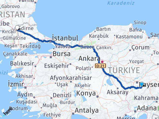 Kayseri Tomarza Edirne Arası Kaç Km - Yol Haritası