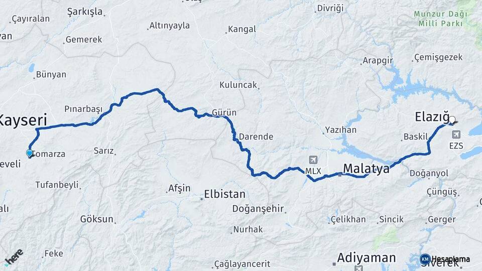 Kayseri Tomarza Elazığ Arası Kaç Km - Yol Haritası