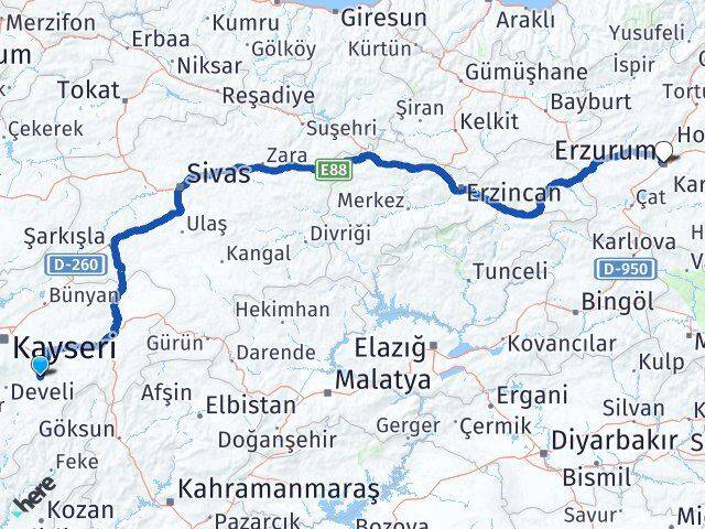 Kayseri Tomarza Erzurum Arası Kaç Km - Yol Haritası