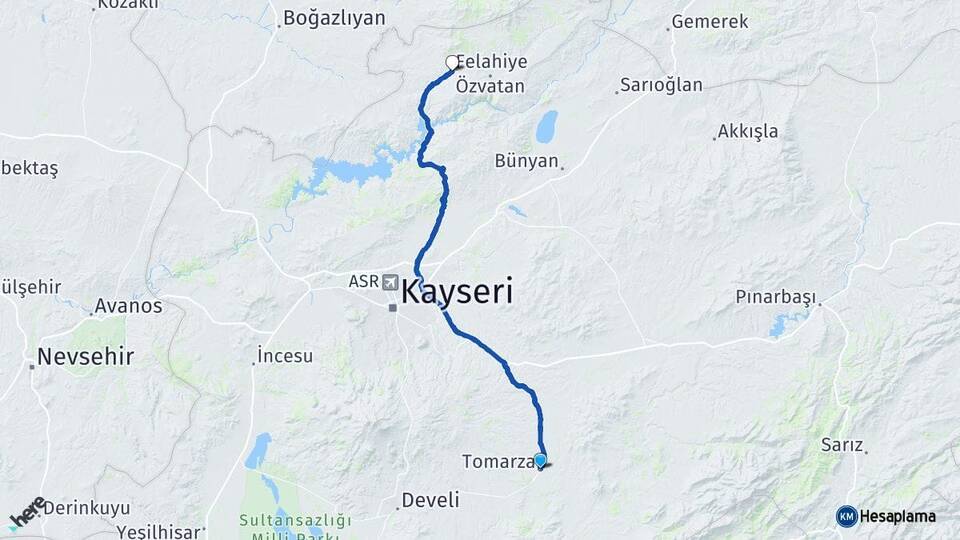 Kayseri Tomarza Felahiye Arası Kaç Km - Yol Haritası