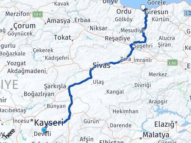 Kayseri Tomarza Giresun Arası Kaç Km - Yol Haritası