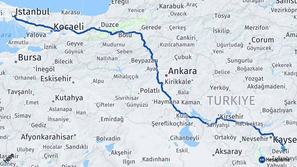 Kayseri Tomarza İstanbul Arası Kaç Km - Yol Haritası