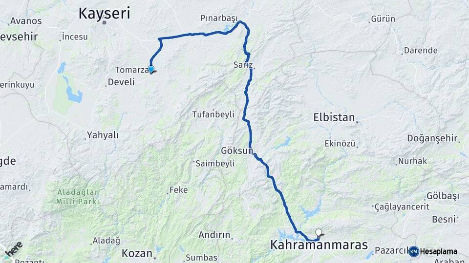 Kayseri Tomarza Kahramanmaraş Arası Kaç Km - Yol Haritası