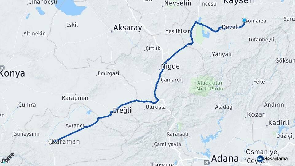 Kayseri Tomarza Karaman Arası Kaç Km - Yol Haritası