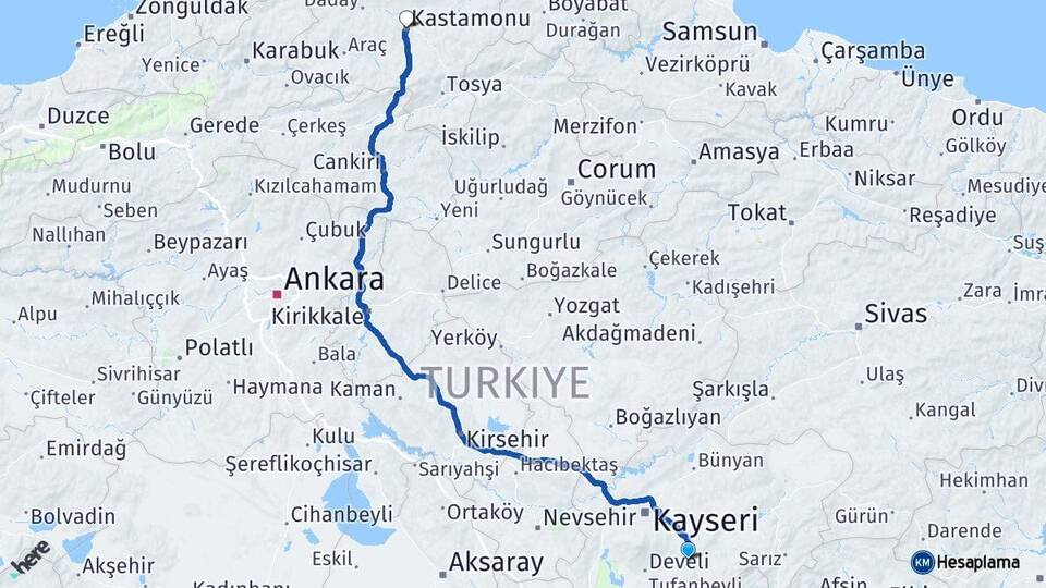 Kayseri Tomarza Kastamonu Arası Kaç Km - Yol Haritası