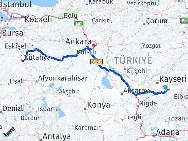Kayseri Tomarza Kütahya Arası Kaç Km - Yol Haritası