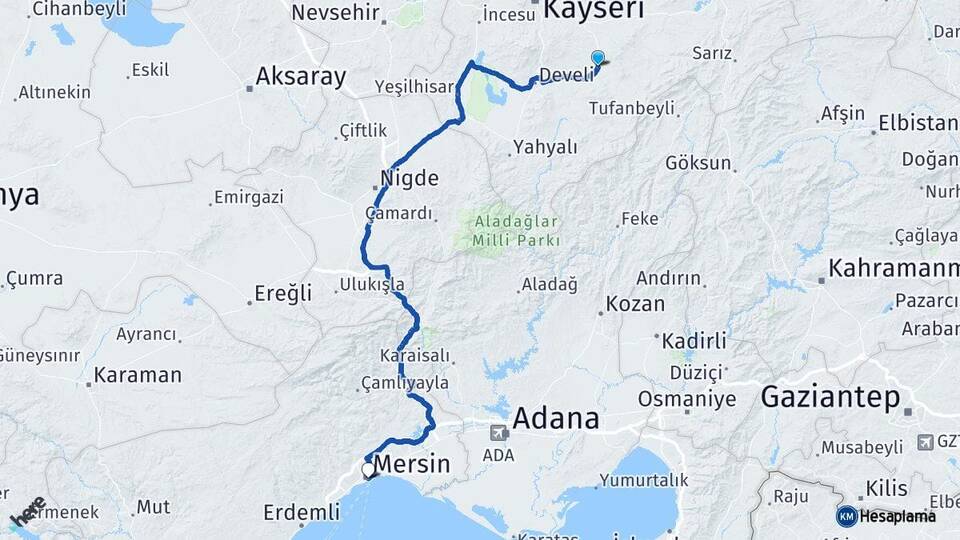 Kayseri Tomarza Mersin Arası Kaç Km - Yol Haritası