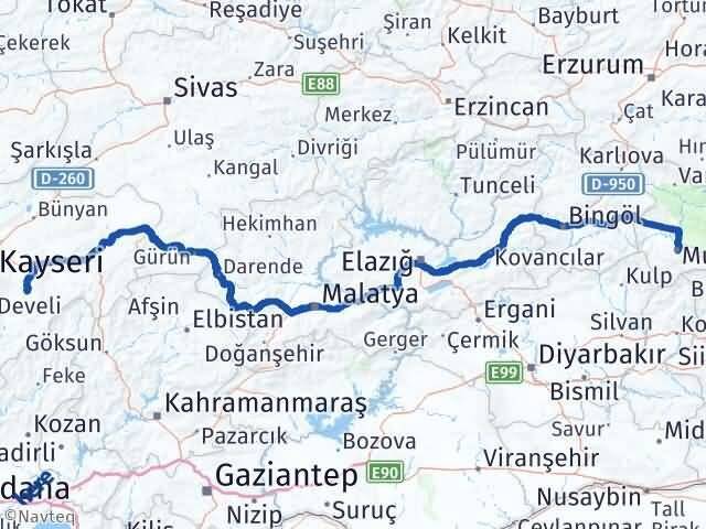 Kayseri Tomarza Muş Arası Kaç Km - Yol Haritası