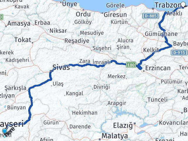 Kayseri Tomarza Rize Arası Kaç Km - Yol Haritası