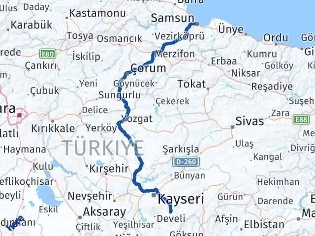 Kayseri Tomarza Samsun Arası Kaç Km - Yol Haritası
