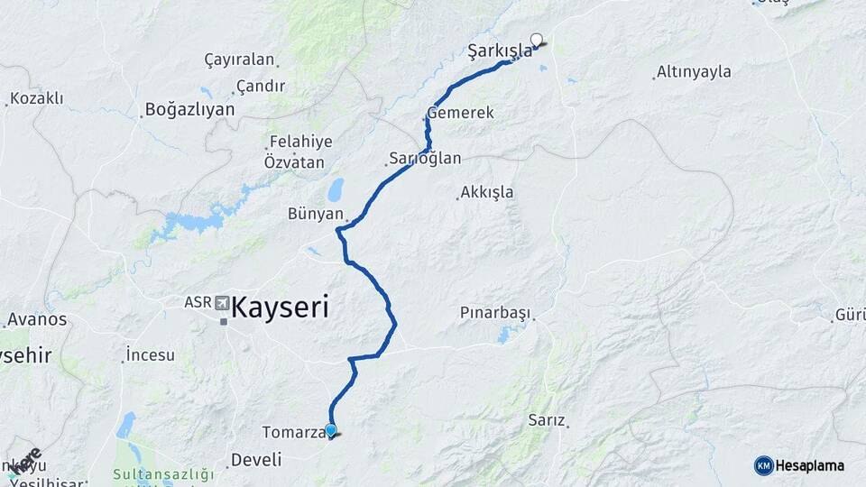 Kayseri Tomarza Şarkışla Sivas Arası Kaç Km - Yol Haritası