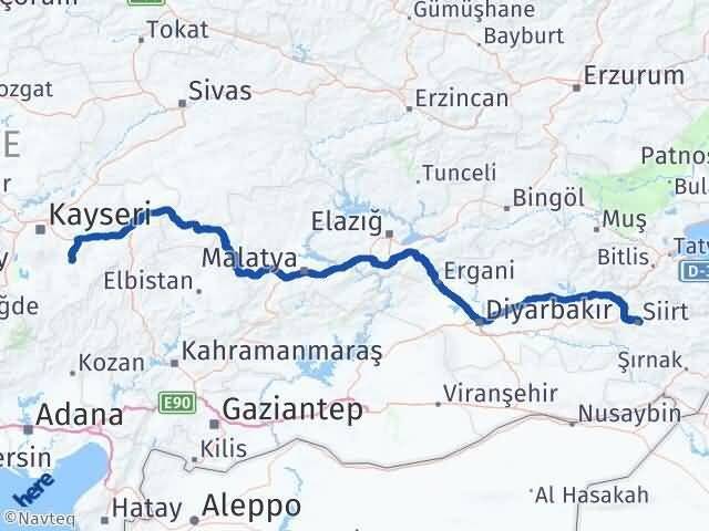 Kayseri Tomarza Siirt Arası Kaç Km - Yol Haritası
