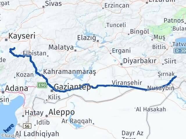 Kayseri Tomarza Şırnak Arası Kaç Km - Yol Haritası