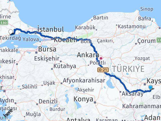 Kayseri Tomarza Tekirdağ Arası Kaç Km - Yol Haritası