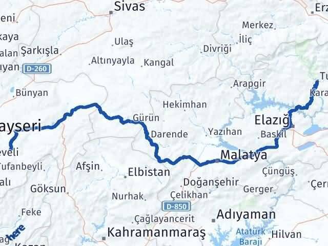 Kayseri Tomarza Tunceli Arası Kaç Km - Yol Haritası