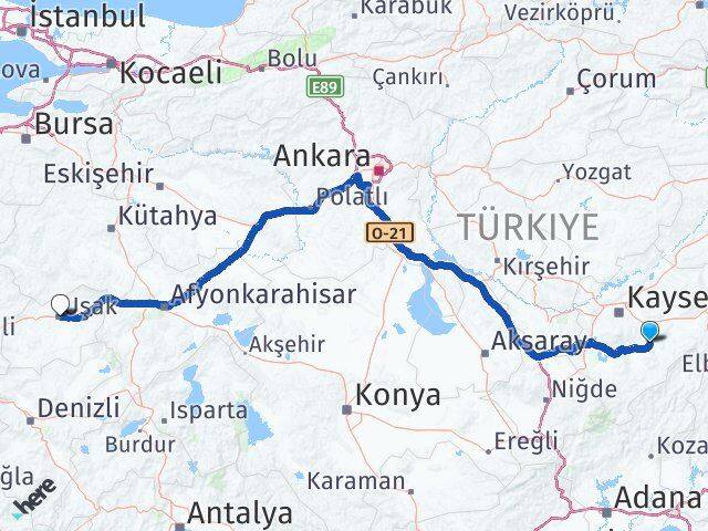 Kayseri Tomarza Uşak Arası Kaç Km - Yol Haritası