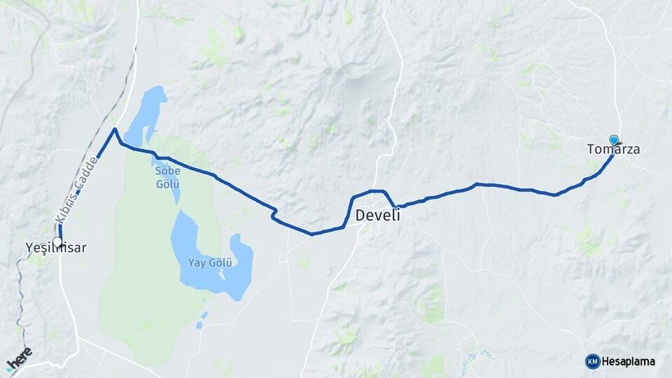 Kayseri Tomarza Yeşilhisar Arası Kaç Km - Yol Haritası
