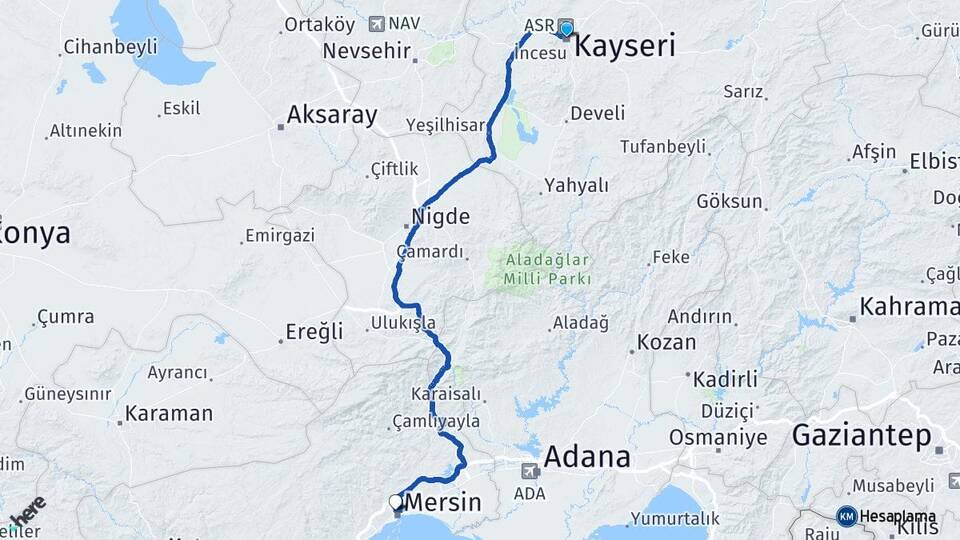 Kayseri Toroslar Mersin Arası Kaç Km - Yol Haritası